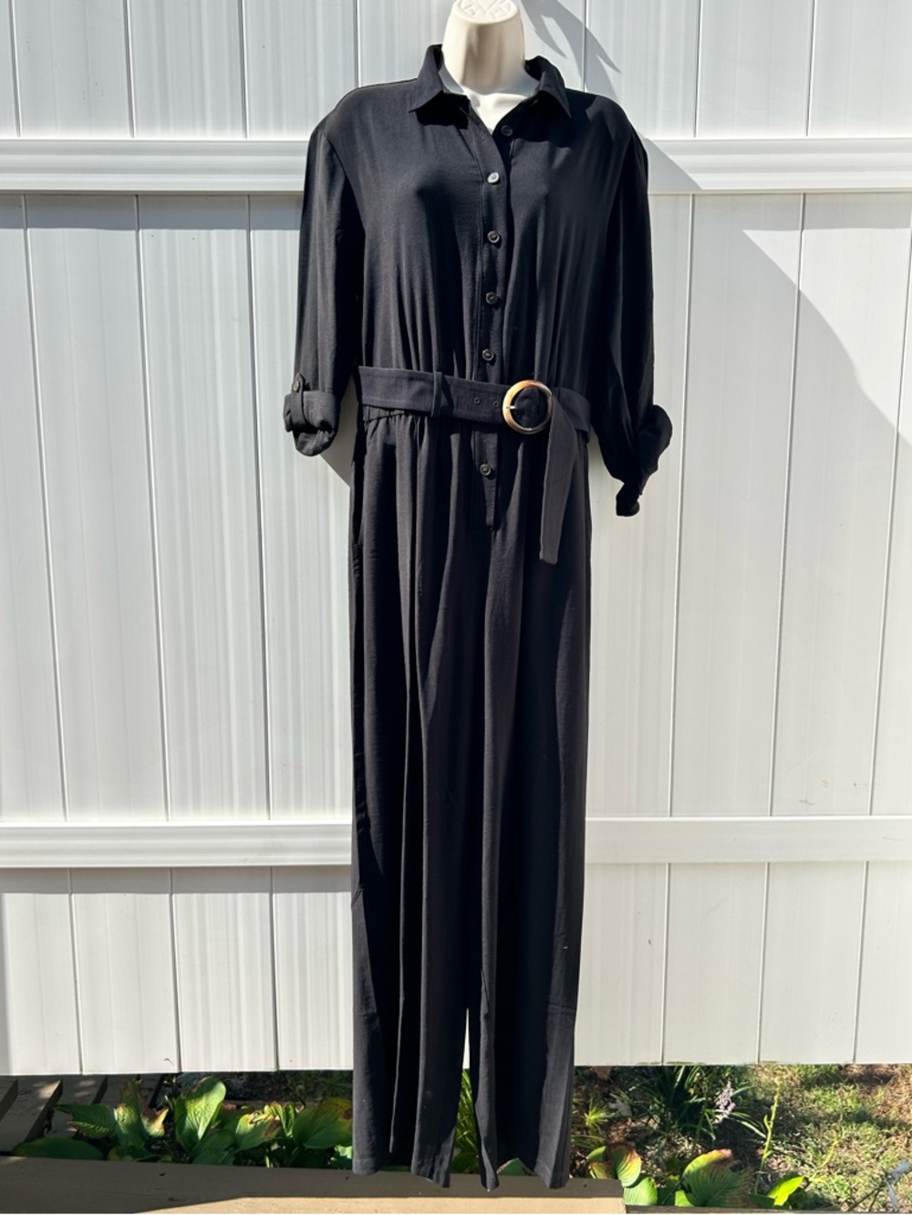 LOFT Black Button-Front Belted Jumpsuit Roll Tab Sleeves & Pockets | Size 8
